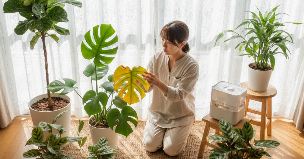 ・インプットした「データB」の以下の見出し（セクション）に適した高画質な画像を1枚作成してください。 ●テキストや文字は一切無い高画質な画像にすること。 ●人物画像は日本人にすること。 ●すでに作成した画像（画ずら）以外で作成すること ●アスペクト比は「16:9」にすること。 ●視点が被写体よりも高い位置から撮影する。 ●被写体を画像の中心にして全体がわかるように小さく描写すること ▼見出し（セクション） 観葉植物、窓越しの直射日光は危険？葉焼け対策