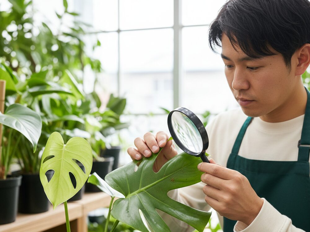 観葉植物を購入する前に、葉の裏側を虫眼鏡で入念にチェックし、ハダニなどの害虫がいないか確認する日本人男性の手元