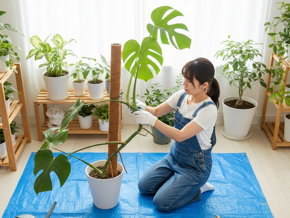 モンステラを支柱で誘引する方法