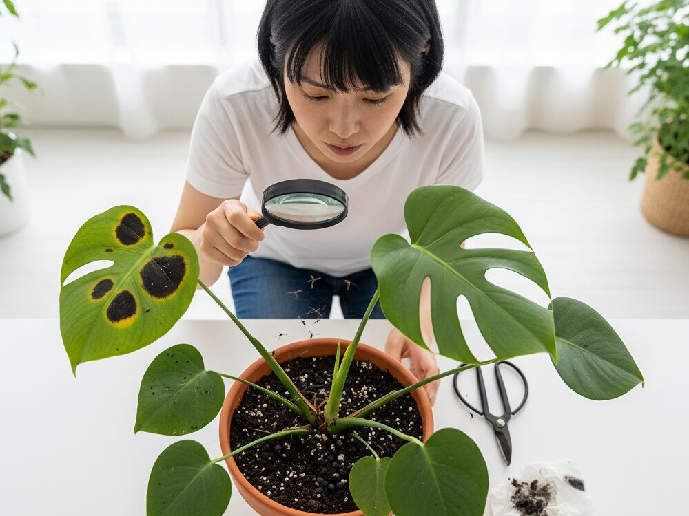 観葉植物の黒い粒、土や病気も確認