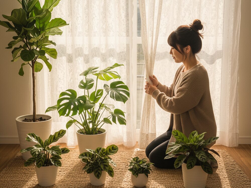 観葉植物を直射日光の窓越しから守る