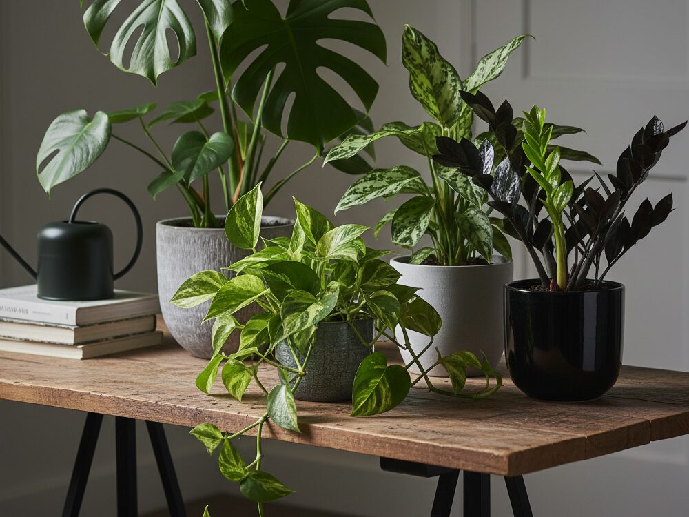 窓からの光が少ない部屋のテーブルに置かれたポトス、モンステラ、アグラオネマなどのサトイモ科の観葉植物