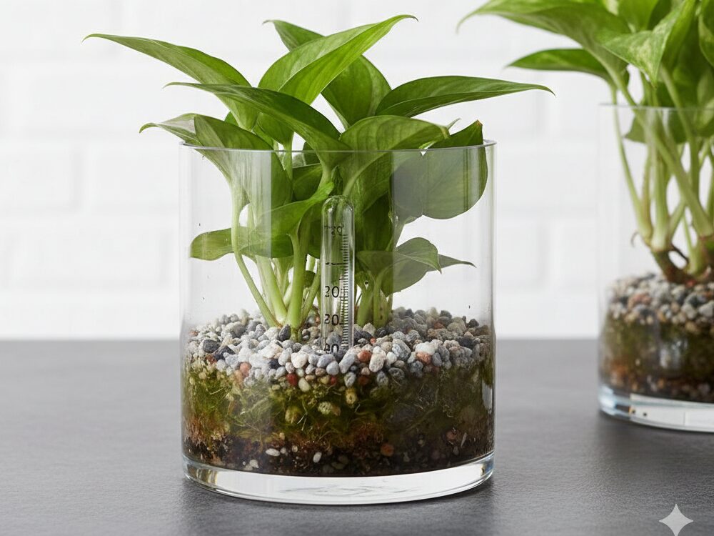 透明なガラス容器に入ったハイドロカルチャーの観葉植物。清潔感があり、水量のインジケーターが見える