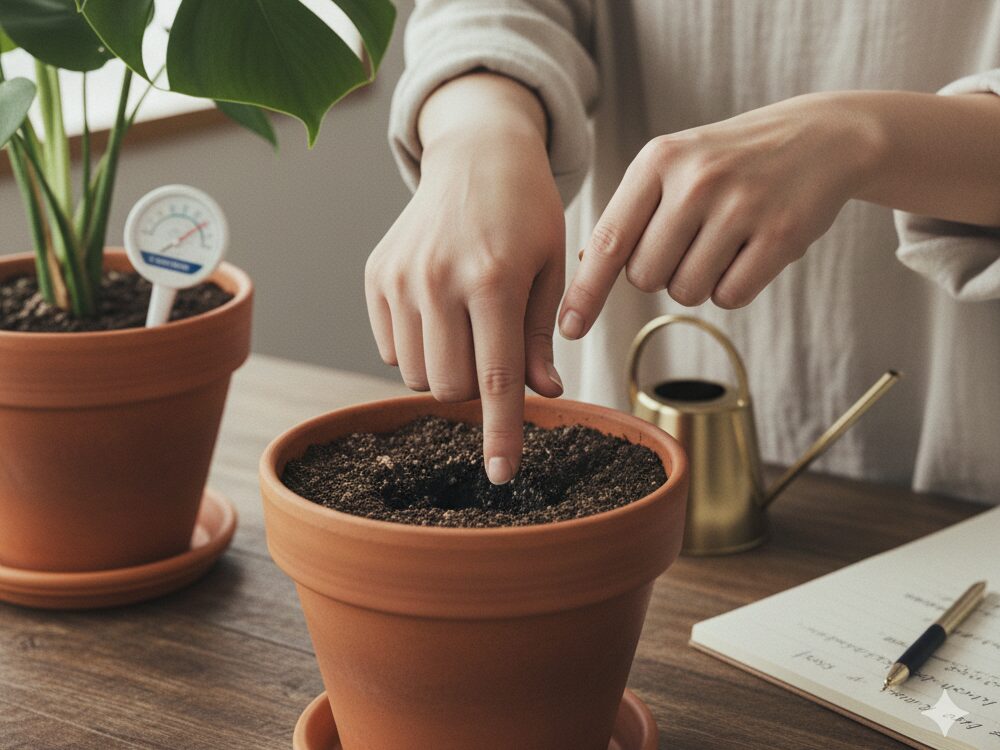 日本人女性が、観葉植物の鉢の土に指を挿し、乾き具合を確認している様子。水やりタイミングの重要性を示唆