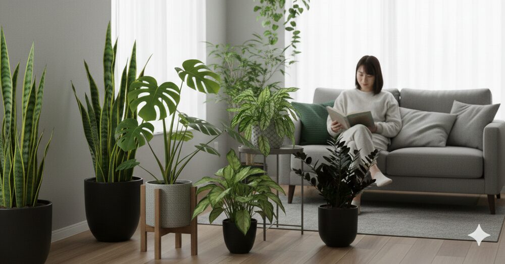 日当たりの悪いモダンなリビングで、様々な耐陰性観葉植物が心地よく配置され、部屋全体に緑の癒しをもたらしている様子