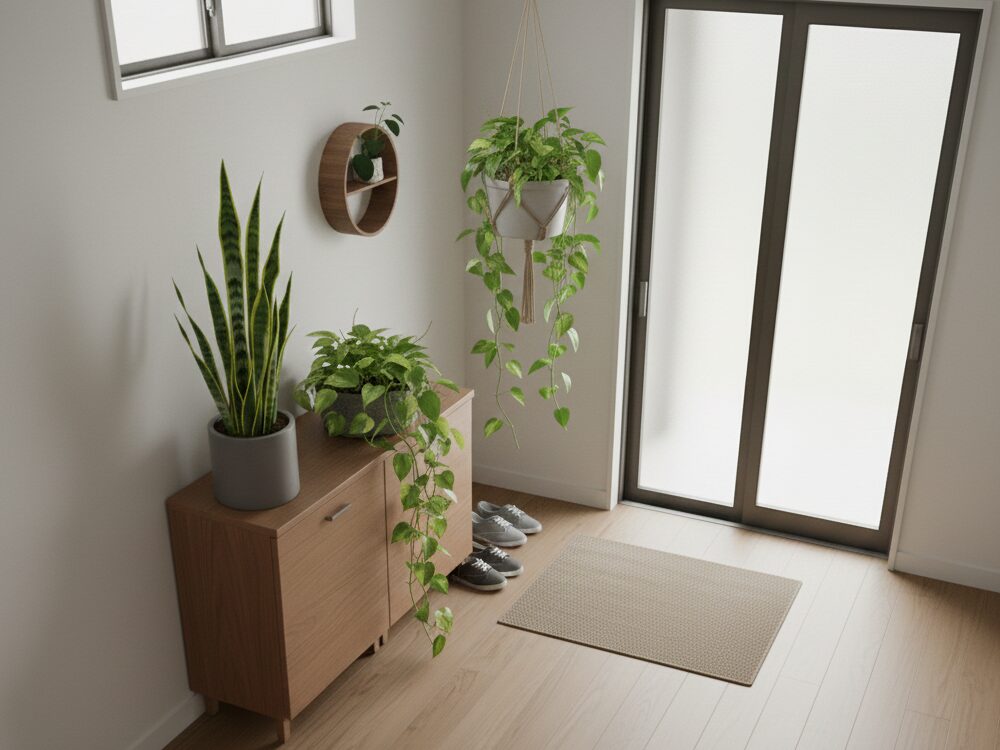 明るすぎない玄関に置かれたサンスベリアとポトス。清潔感がありながらも緑が空間に彩りを与えている