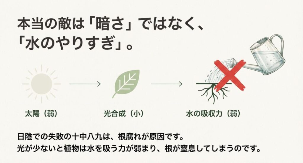太陽光が弱いと光合成が減り、水の吸収力が弱まる仕組みを図解。「本当の敵は暗さではなく水のやりすぎ」という警告と、根腐れのプロセスを示したイラスト