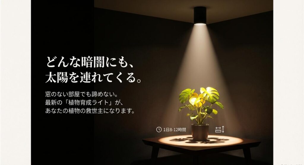 「どんな暗闇にも、太陽を連れてくる」というコピー。窓のない部屋での解決策としての植物育成ライトと、1日8-12時間の照射推奨を示すスライド
