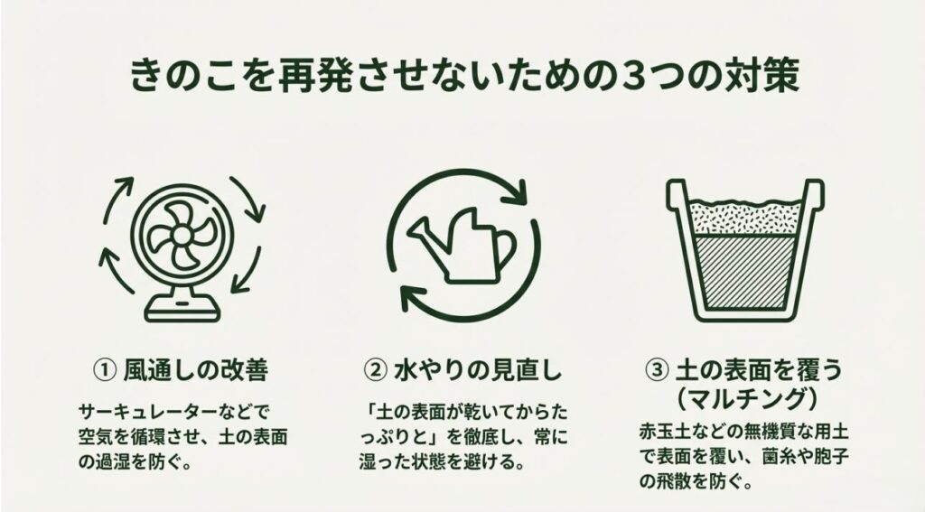 サーキュレーターによる風通しの改善 、水やりのタイミング見直し 、無機質な土でのマルチング という3つの対策のまとめ