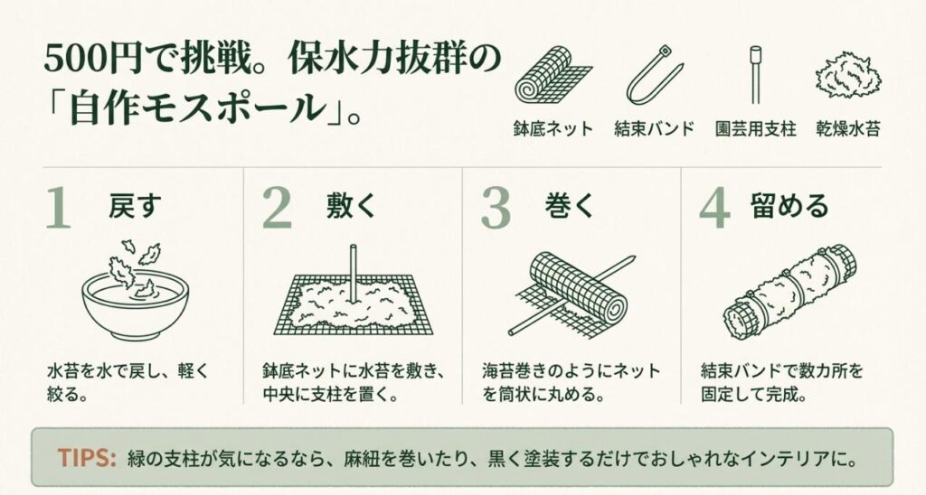 鉢底ネット、結束バンド、園芸用支柱、水苔を使って500円で作成できる保水力抜群のモスポールの作り方を4ステップで解説した図