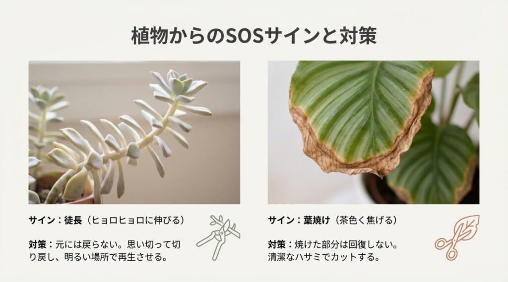 伸びすぎた茎や焼けた葉の具体的な写真と、切り戻しやカットによる再生方法を説明したレスキューガイド