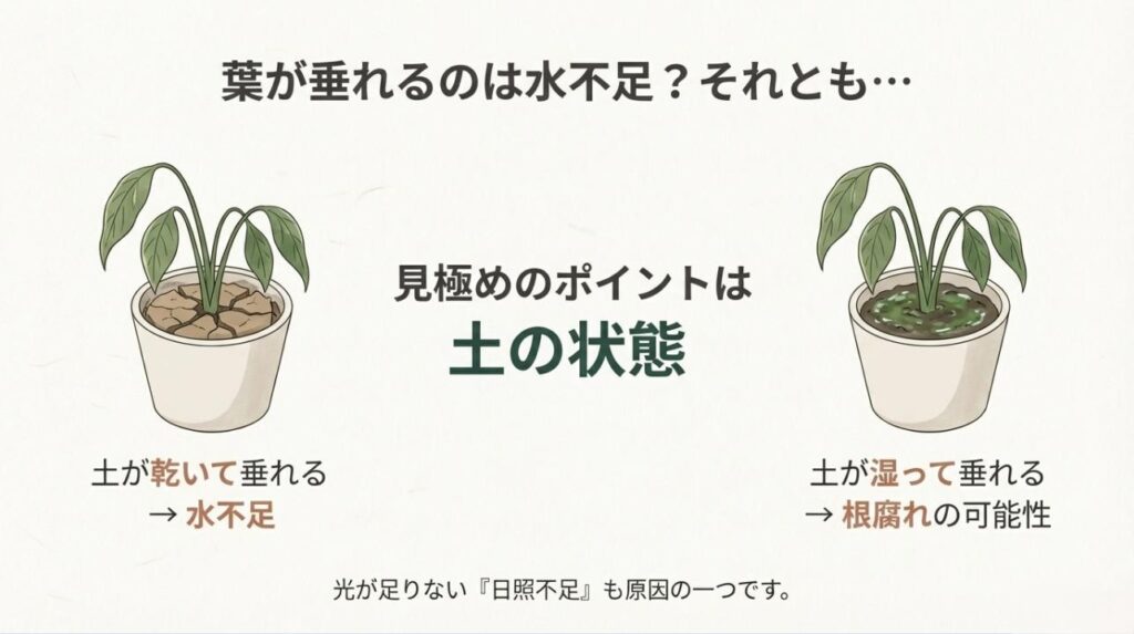 土の乾燥具合と葉の垂れ方の関係性を示した比較イラスト
