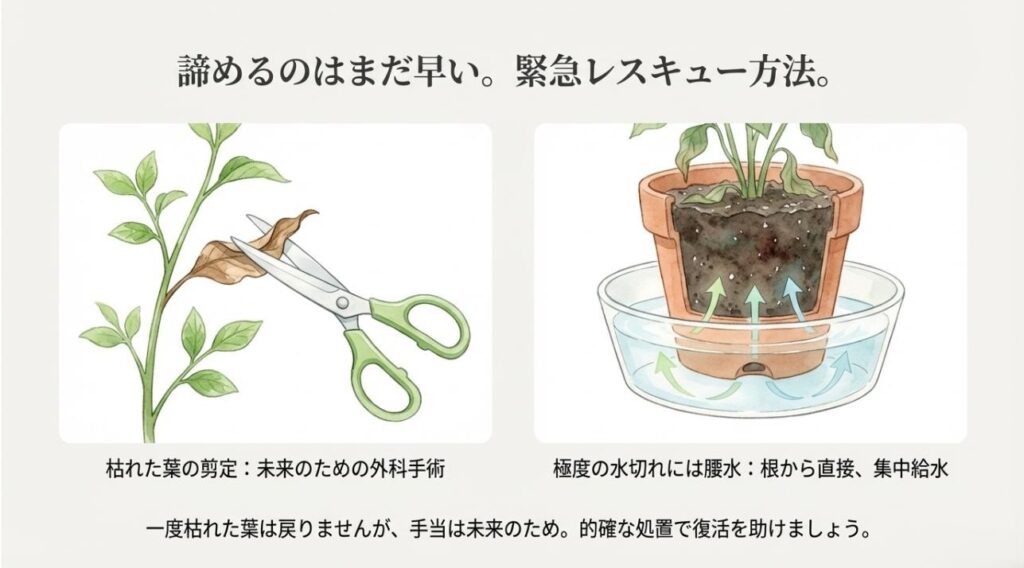 枯れた葉をカットする外科手術（剪定）と、鉢を水に浸けて根から直接給水させる腰水のやり方