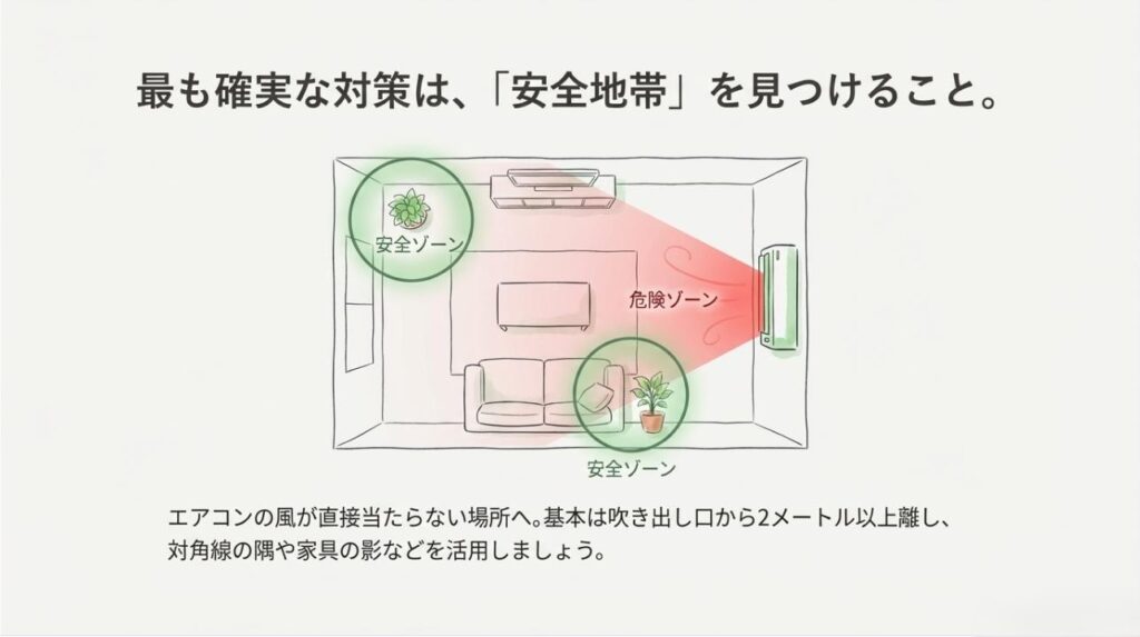 エアコンの風が直接当たる危険ゾーンと、風を避けた対角線の隅などの安全ゾーンを示す間取り図