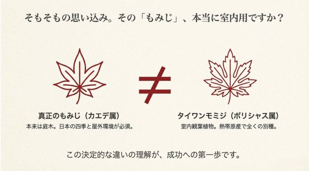 カエデ属の真正もみじ（屋外用）と、ポリシャス属のタイワンモミジ（室内用）が全く別物であることを示す比較図