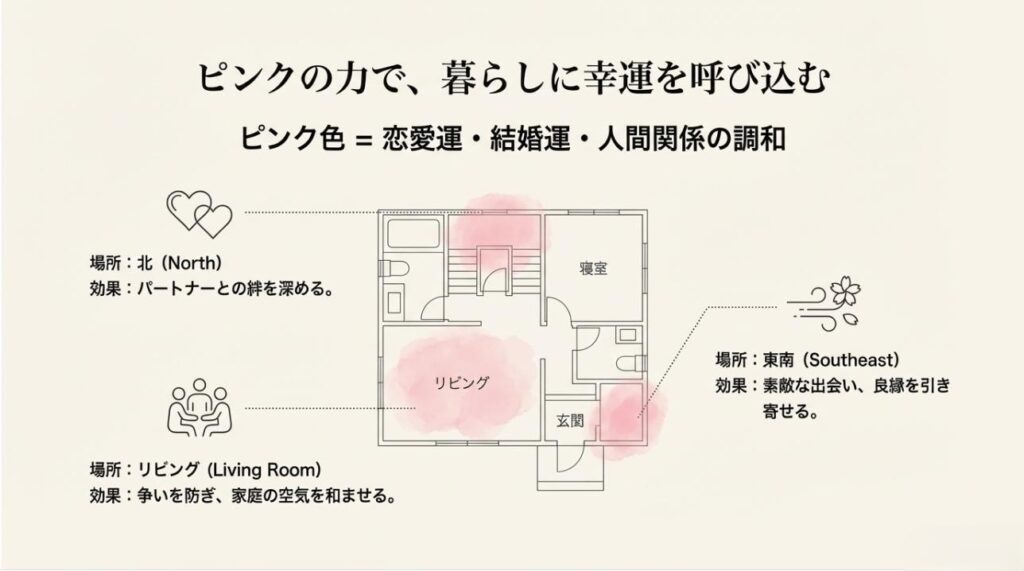 北、東南、リビングの各場所にピンクの植物を置いた際、絆を深める、良縁を引き寄せるなどの風水効果を示した間取り図