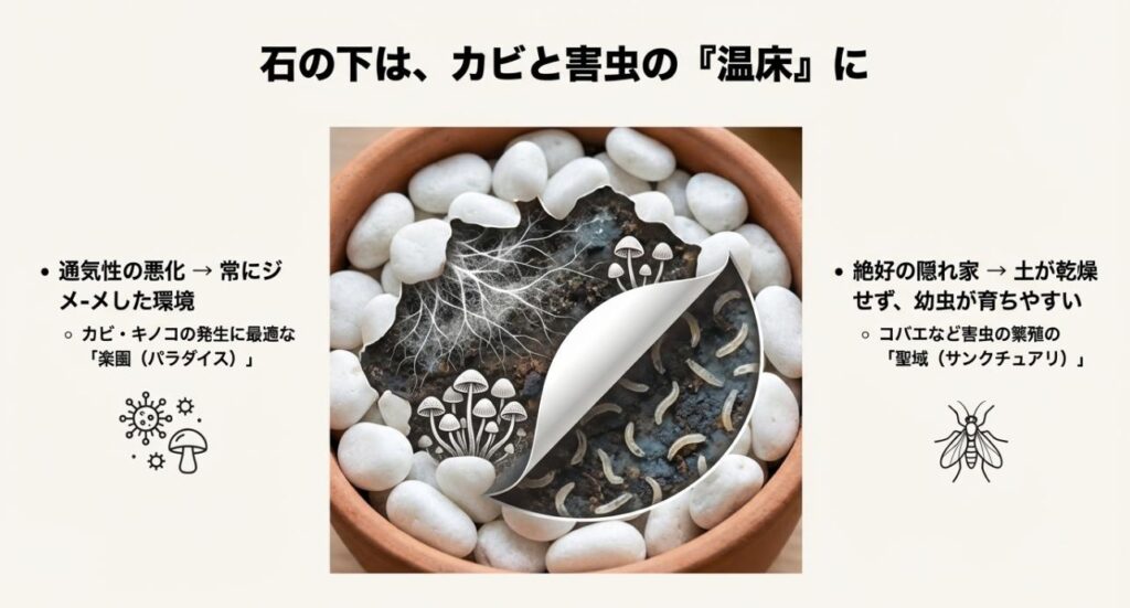 化粧石をめくると、土の表面にカビの菌糸が張り巡らされ、コバエの幼虫が発生している様子のイラスト