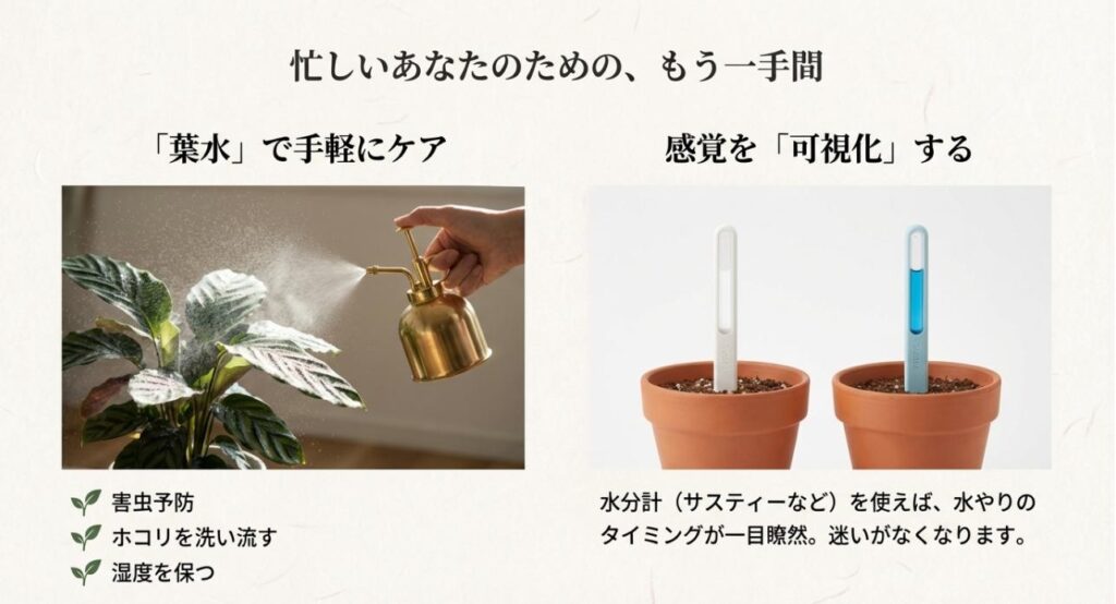 霧吹きで葉水をしている写真と、鉢に挿した水分計(サスティー)が白から青に変わるイラスト。「忙しいあなたのための、もう一手間」として、葉水の効果と水分計による可視化の利便性を紹介したスライド