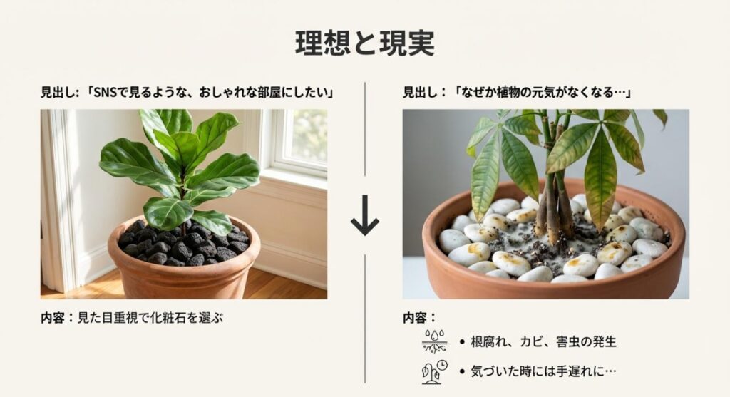 化粧石を使っておしゃれに見せたが枯れてしまった観葉植物と、元気な植物の比較イラスト