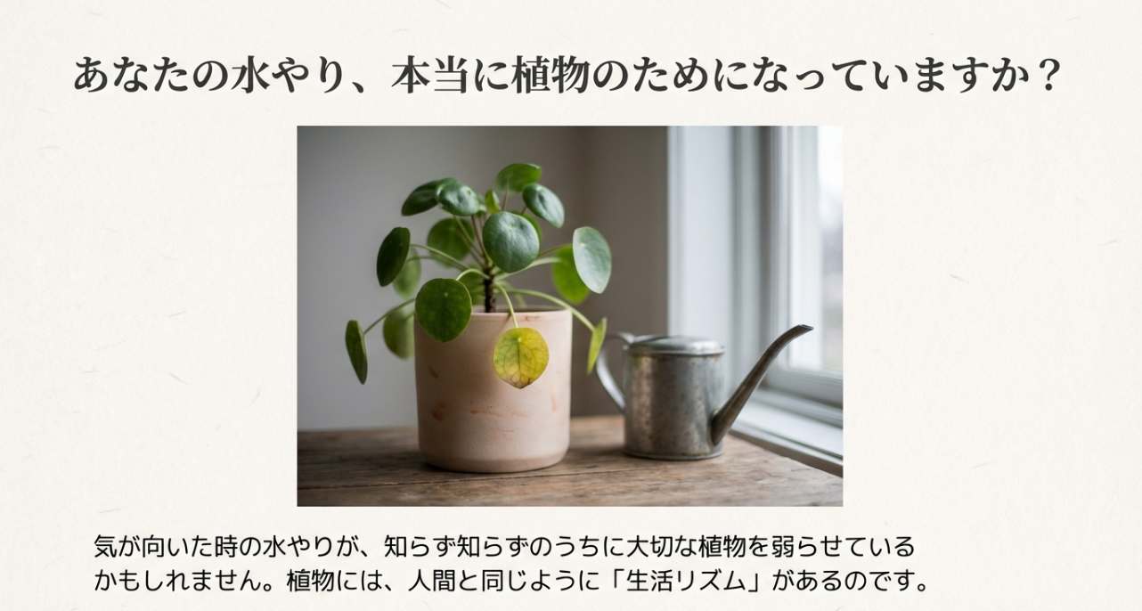 窓辺に置かれた観葉植物とジョウロの写真。「あなたの水やり、本当に植物のためになっていますか?」という問いかけと、「植物には生活リズムがある」という解説文が書かれたスライド