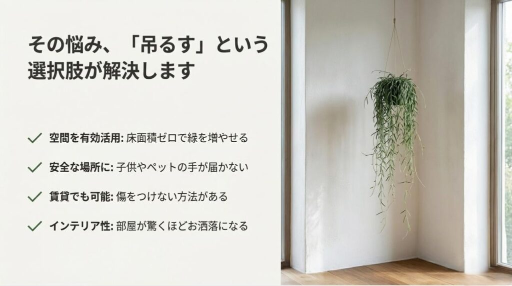 空間活用、安全性、賃貸対応、インテリア性向上を解説した解決策のスライド