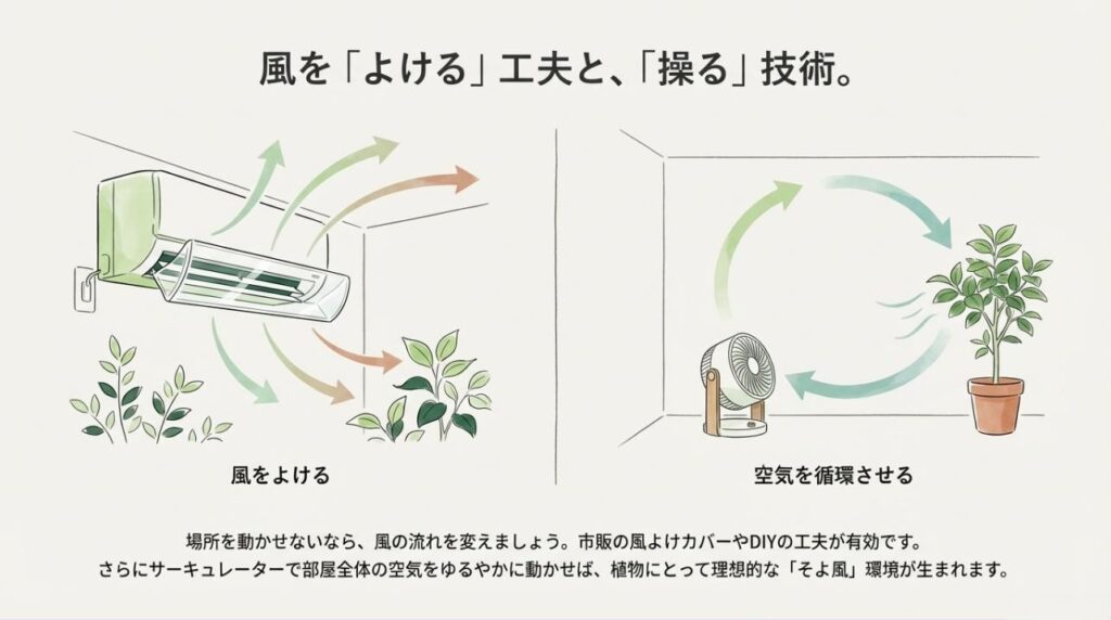 風よけカバーで直風を回避し、サーキュレーターで部屋全体の空気を緩やかに動かす方法のイラスト