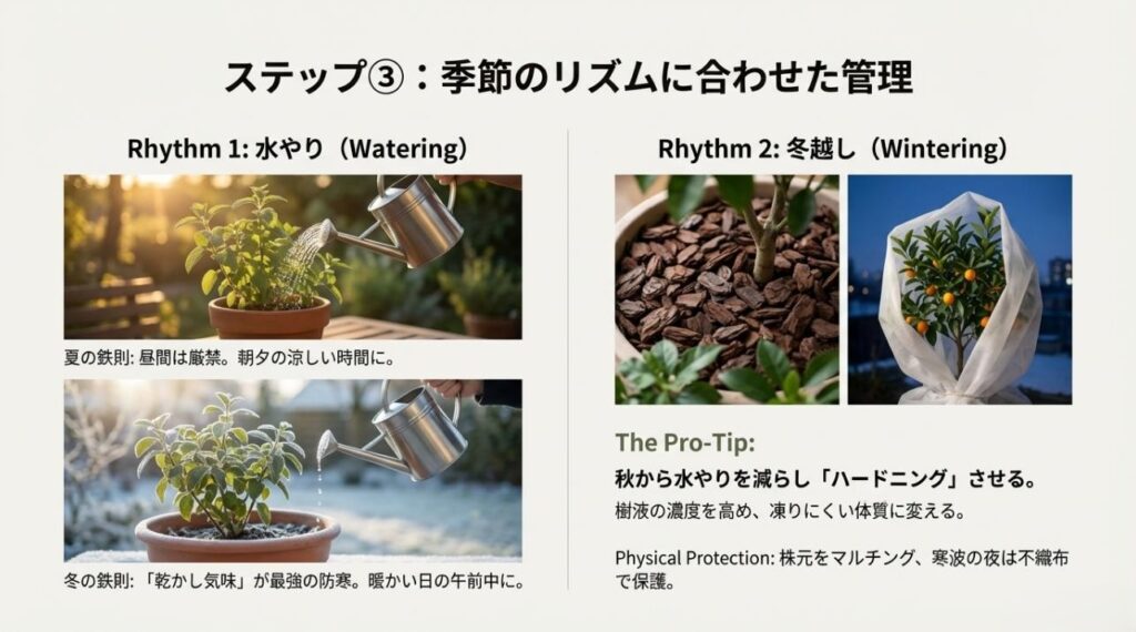 季節のリズムに合わせた管理表。夏と冬の水やり時間の違いや、寒さに耐えるためのハードニングと防寒対策