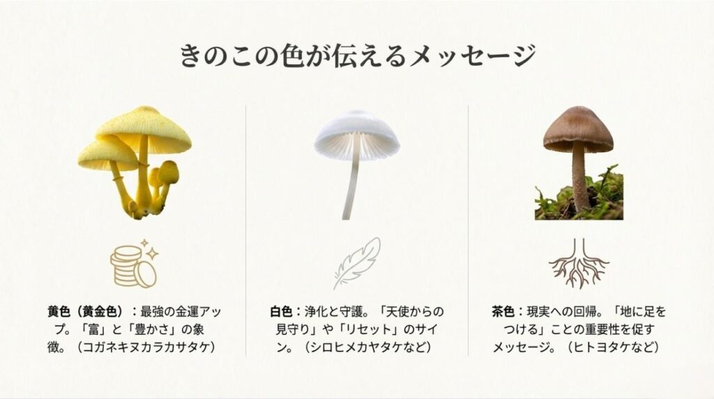 黄金色は金運、白色は浄化、茶色は現実への回帰といった、きのこの色による意味の違いを説明する図解