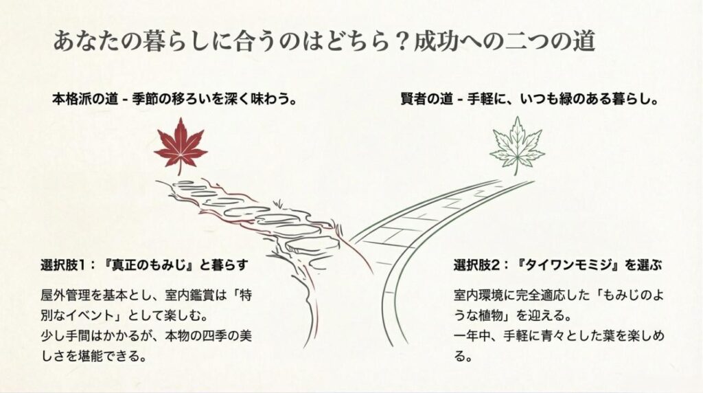 本格派の「真正のもみじ」か、賢者の道である「タイワンモミジ」か、それぞれのメリットを比較したスライド