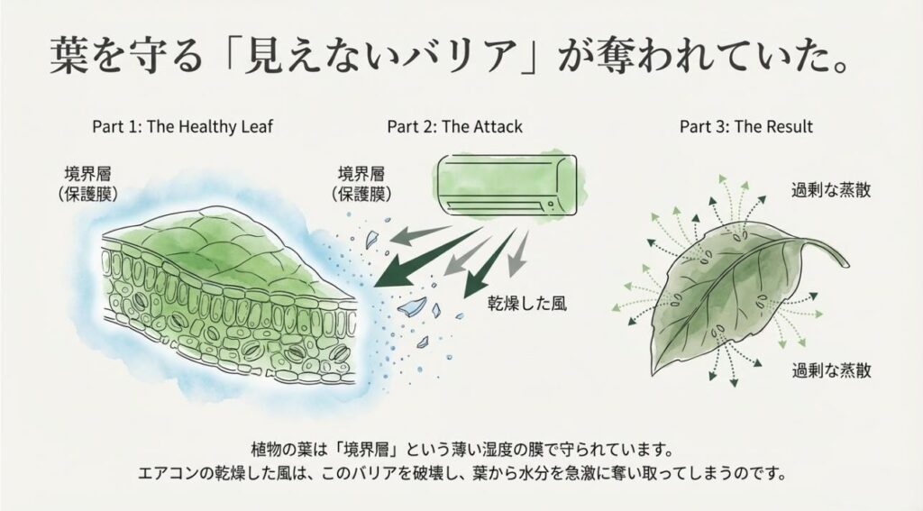 エアコンの乾燥した風が葉の表面にある「境界層」というバリアを破壊し、水分を急激に奪うメカニズムの解説図