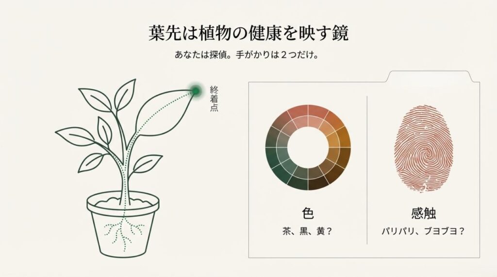 茶・黒・黄の色と、パリパリ・ブヨブヨの感触という2つの視点から植物の状態を診断する図解スライド
