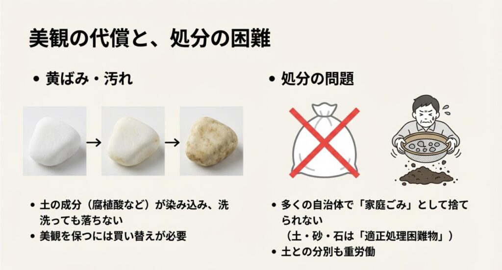 白い化粧石が茶色く変色する経過と、土や石が家庭ごみとして捨てられないことを示すバツ印のついたゴミ袋のイラスト