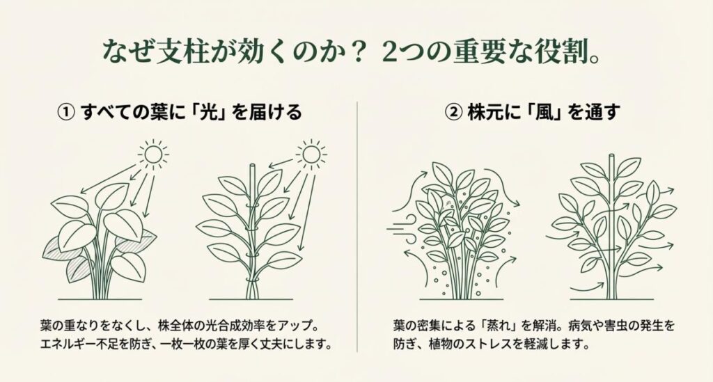 支柱を使うことで全ての葉に光を届け、株元に風を通すことで光合成効率アップと蒸れ防止につながる仕組みを図解したスライド