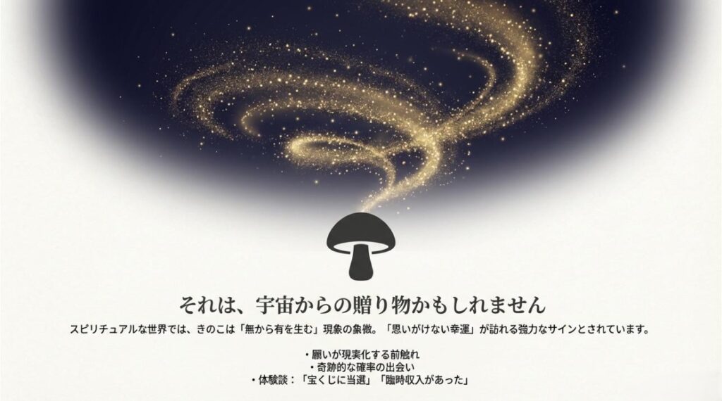 きのこのアイコンと、願いが現実化する前触れや宝くじ当選などの体験談をまとめたスライド