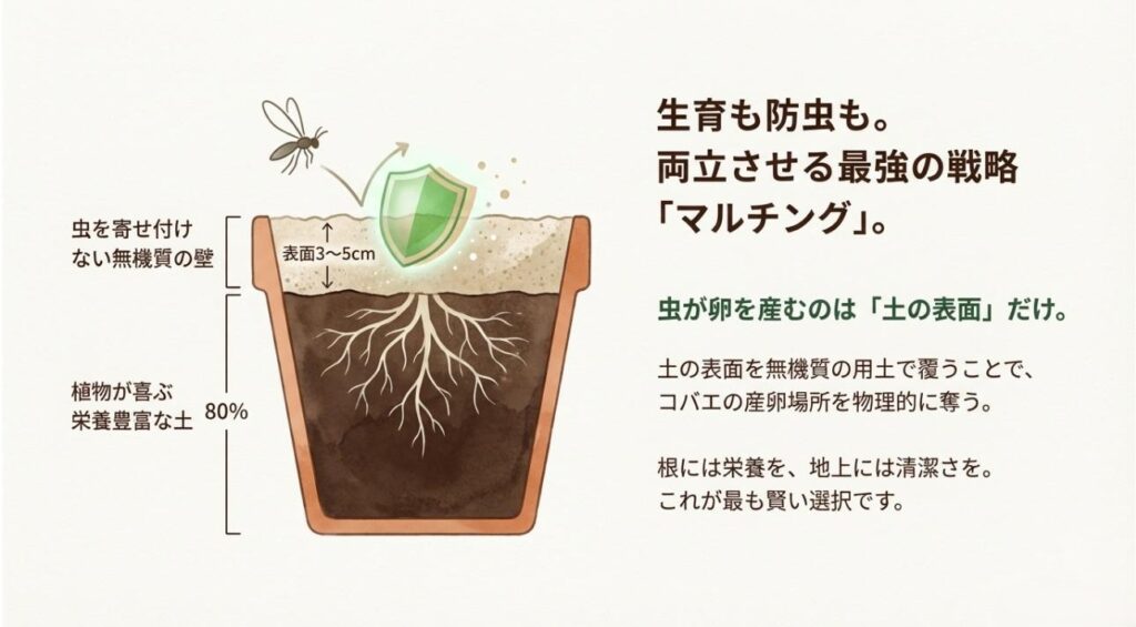 鉢の表面3〜5cmを無機質の土で覆い、コバエの産卵を防ぎながら根には栄養を与える仕組みの図解