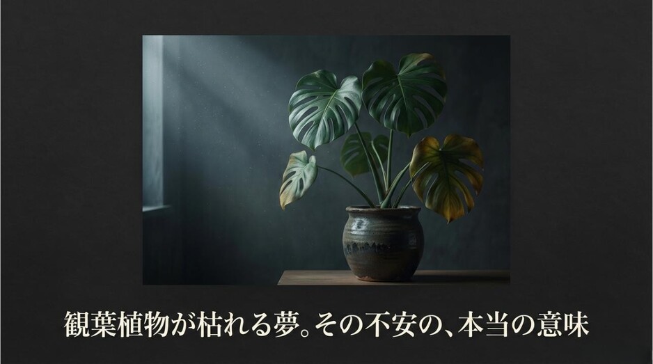 暗い部屋に光が差し込み、一部が枯れかかったモンステラの鉢植えが置かれたアイキャッチ画像
