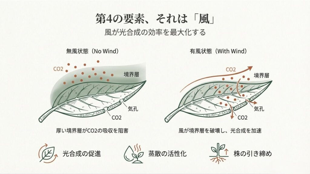葉の表面の境界層がCO2吸収を阻害する無風状態と、風によって吸収が促進される有風状態の比較図