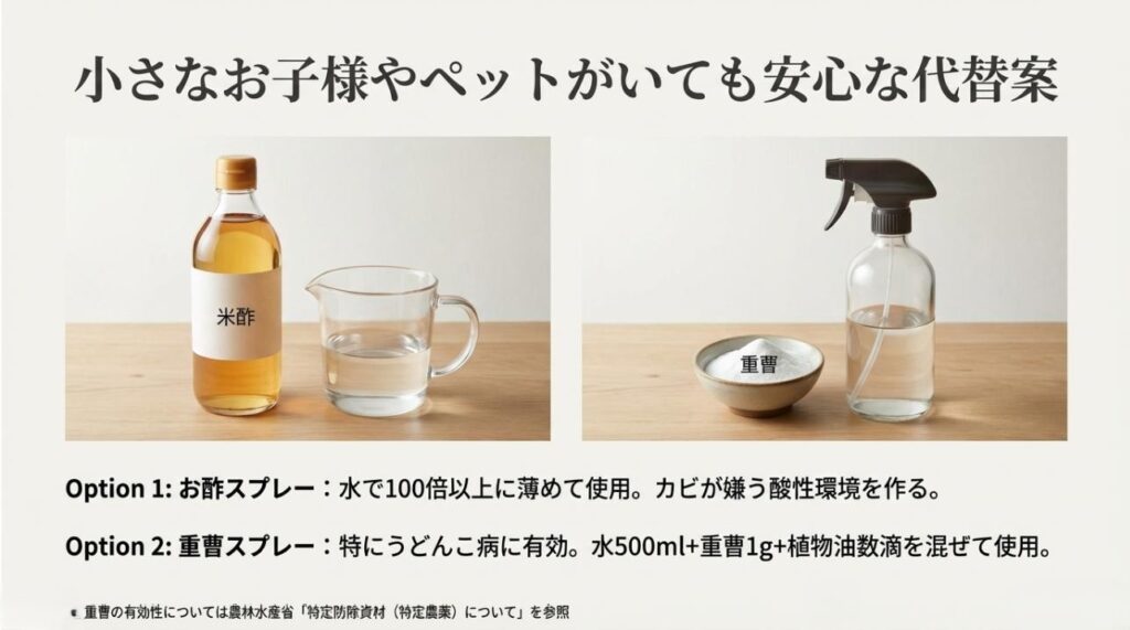 お酢スプレー（100倍希釈）と重曹スプレーの作り方と特徴を紹介するスライド