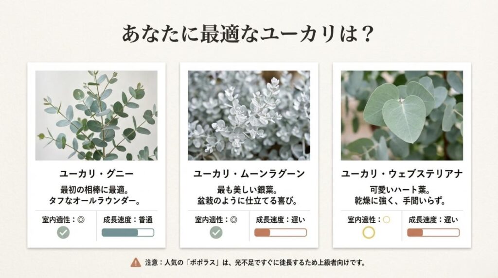 室内栽培におすすめのユーカリ品種（グニー・ムーンラグーン・ウェブステリアナ）の特徴比較