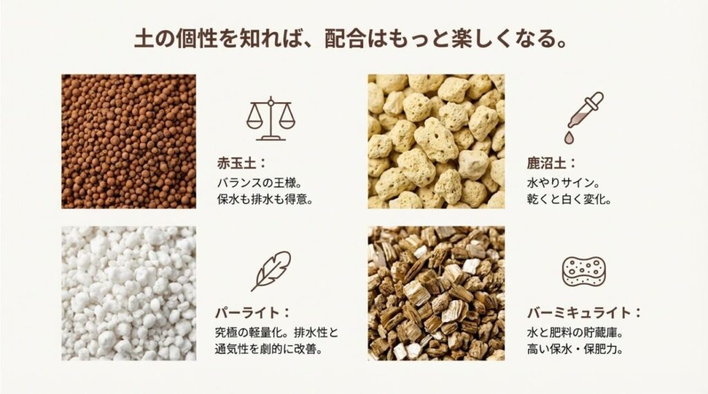 赤玉土、鹿沼土、パーライト、バーミキュライトの見た目とそれぞれの特性（保水・排水・軽量化など）のまとめ
