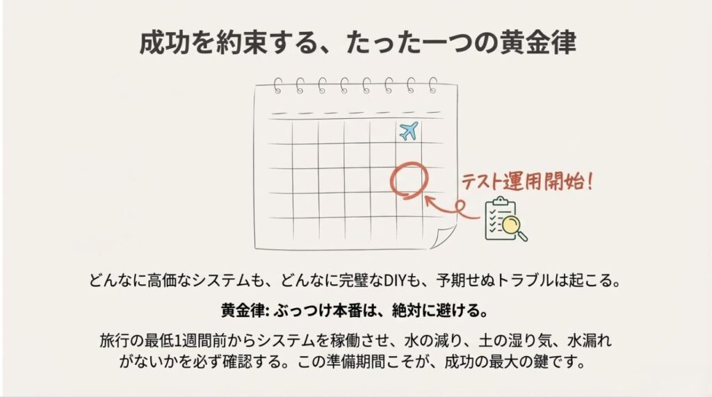 旅行の1週間前からシステムを稼働させ、水の減りや水漏れがないかを確認するテスト運用の重要性