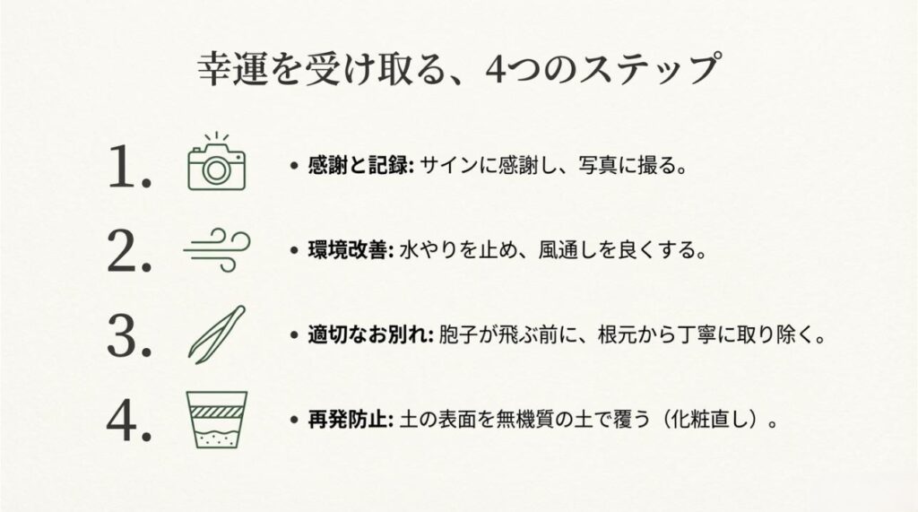 感謝と記録、環境改善、適切なお別れ、再発防止の4つの手順を説明するスライド