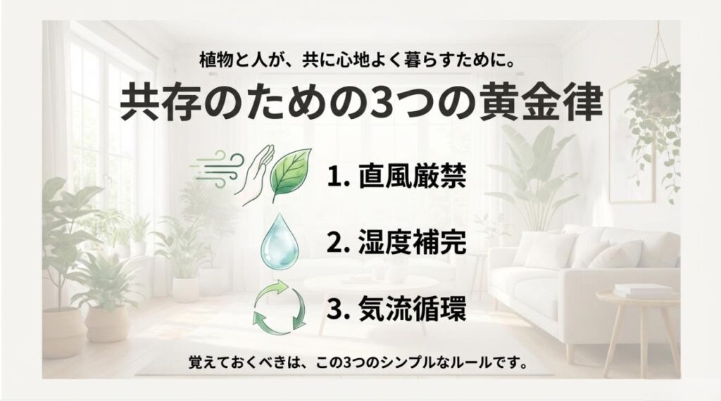 エアコン環境下で植物と人が共に心地よく暮らすための3大原則：直風厳禁、湿度補完、気流循環のまとめ