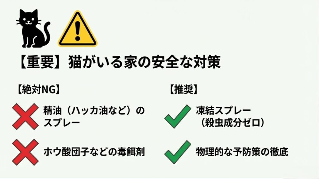精油やホウ酸団子の危険性と、凍結スプレーなど猫に安全な物理的対策を対比したスライド