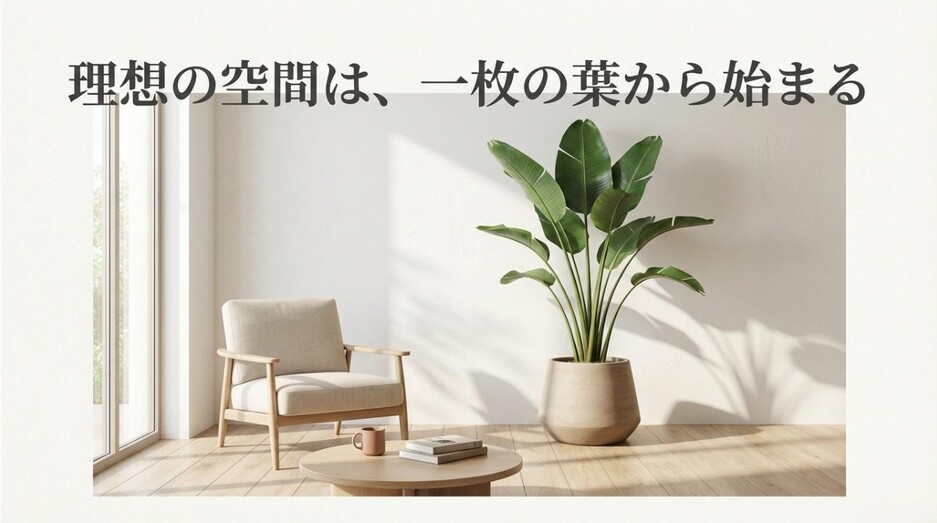 リビングに置かれた大きなストレリチアと心地よいインテリアの風景