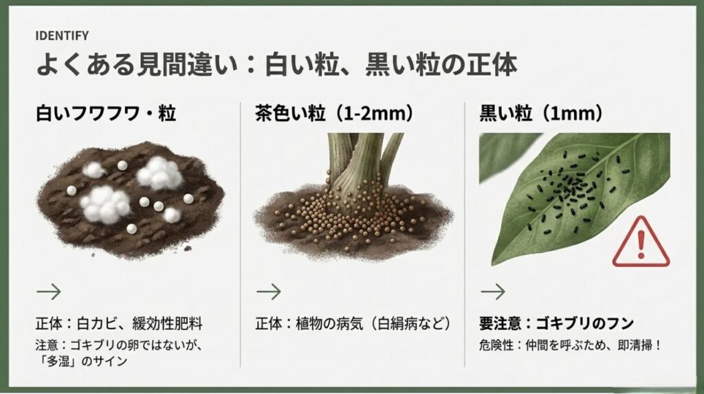白カビや肥料、植物の病気、そして危険なゴキブリの糞の違いを一覧で比較した解説スライド