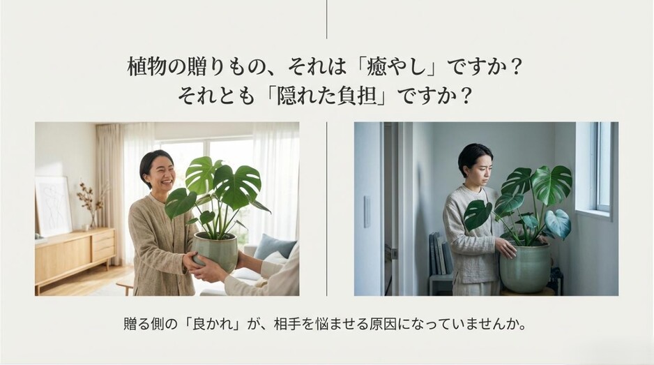 観葉植物を笑顔で贈るシーンと、届いた植物を前に困惑する表情の対比
