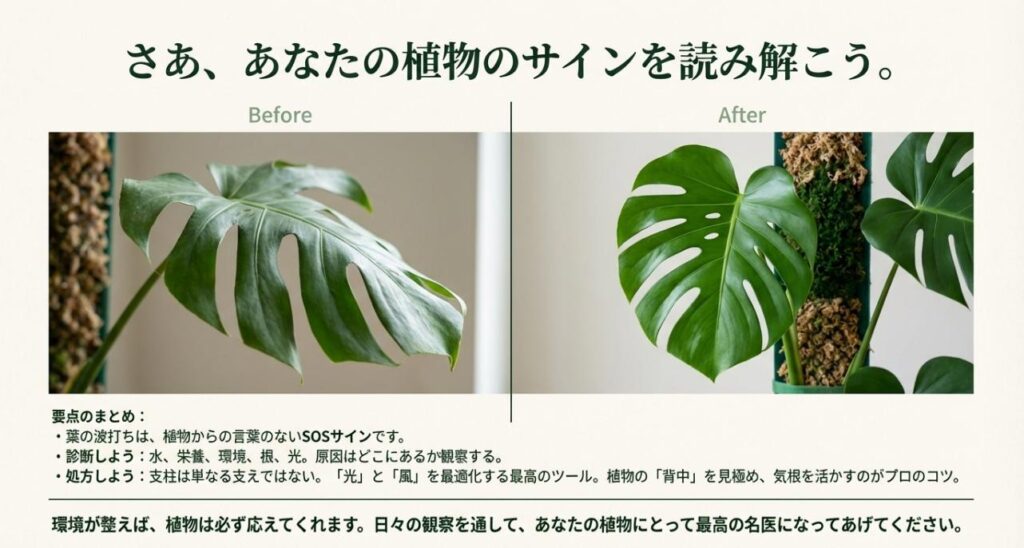 葉の波打ちは植物からのSOS。原因の診断と支柱による処方（光と風の最適化）で植物が元気になることをまとめたBefore/Afterスライド