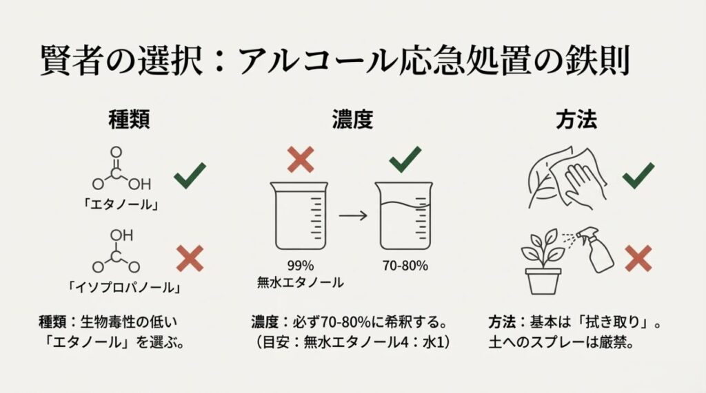 エタノール選び、70-80%への希釈、拭き取りを推奨し、土へのスプレー禁止を伝えるまとめスライド