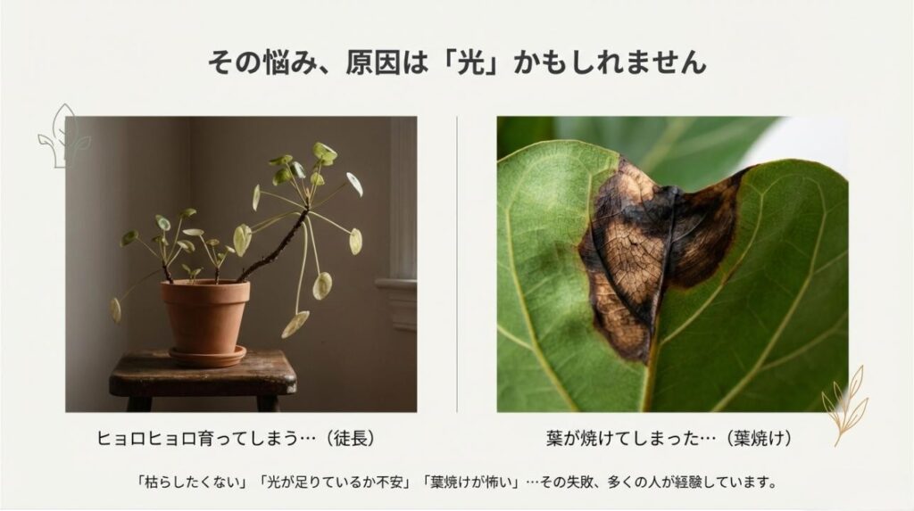 ヒョロヒョロと伸びた徒長や、茶色く焦げた葉焼けの写真とともに、その原因が光にあることを示す解説スライド